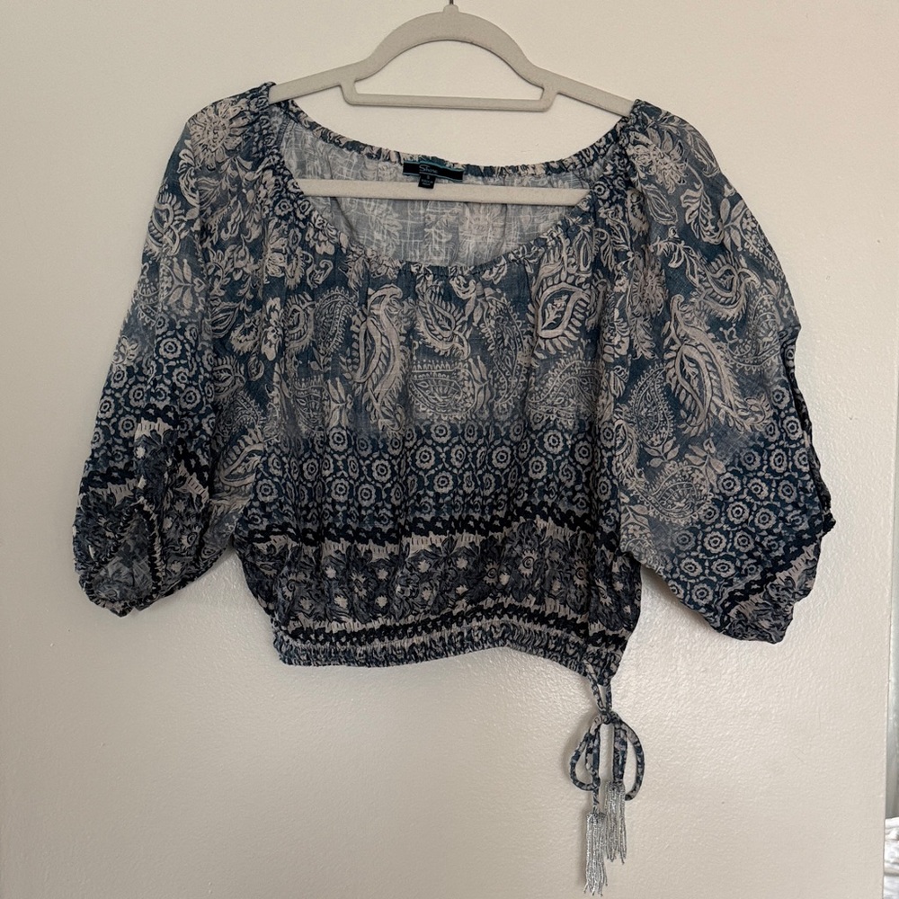 Peasant-Style Navy Paisley Cropped Blouse
